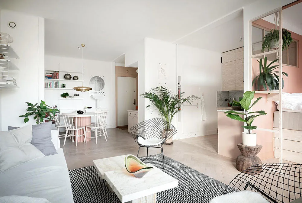 照片：北欧现代风格客厅，室内装饰，公寓，白色，粉色，40-60平方米 – 网站上的照片