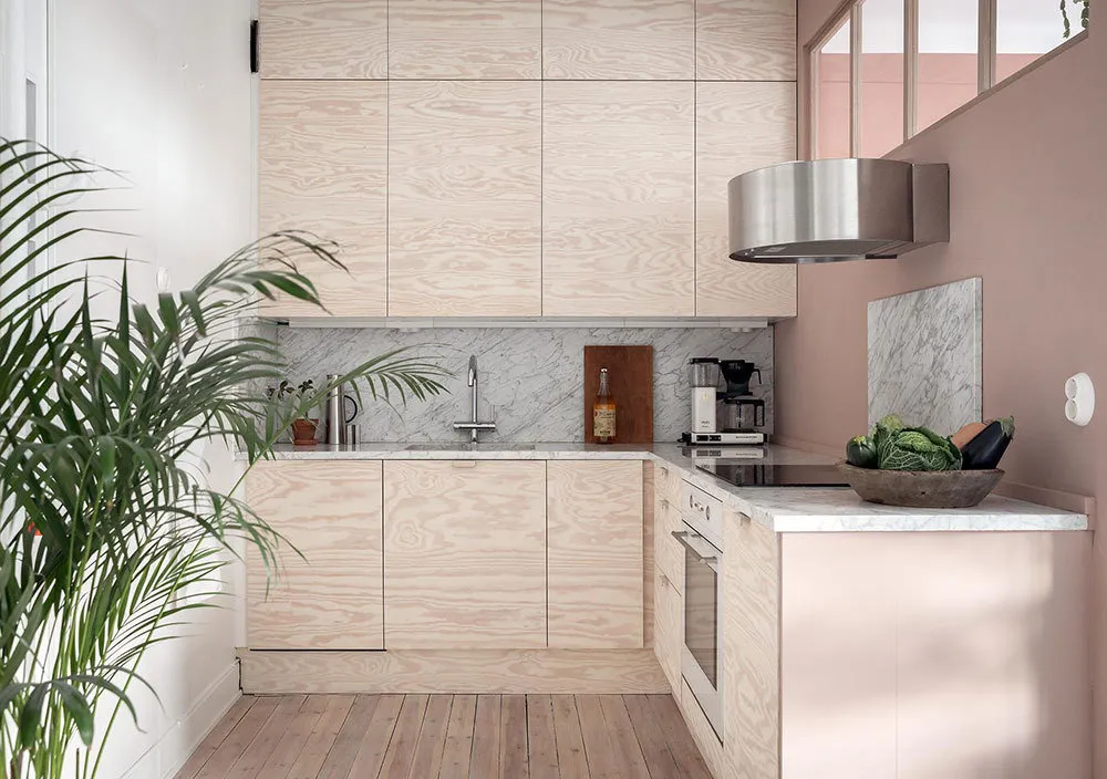 照片：北欧现代风格厨房与餐厅区域，室内装饰，公寓，白色，粉色，40-60平方米 – 网站上的照片