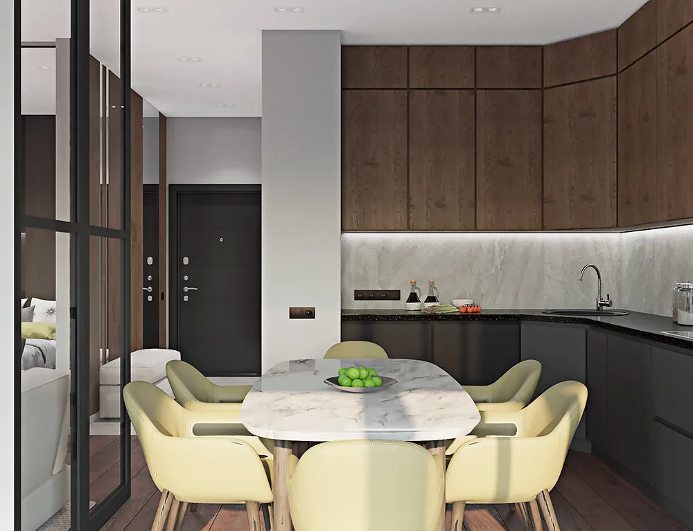 照片：现代风格厨房和用餐区，公寓，工作室，搬迁，新莫斯科，40-60平方米，整体砖结构，加林娜·洛 – 网站上的照片