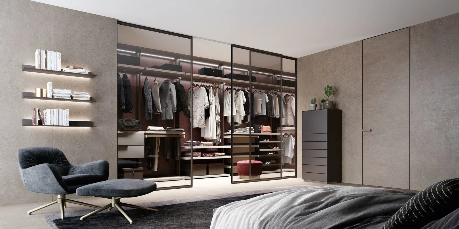 照片:极简主义风格卧室,指南,空间分区,UNION,滑动隔断,使用隔断进行空间分区 – 我们网站上的照片