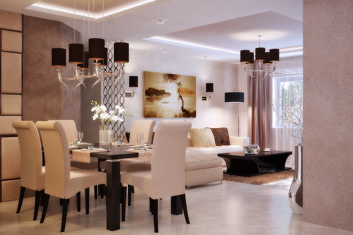 照片:现代风格客厅,厨房和餐厅,提示 – 我们网站上的照片