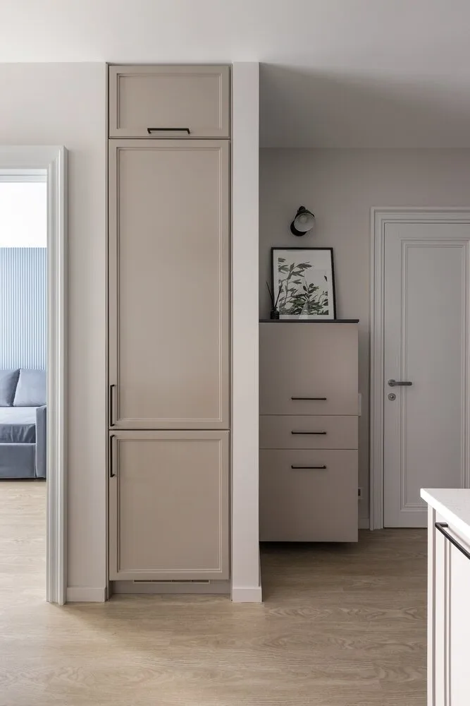 El refrigerador se instaló en una nicho separada entre la zona de entrada y la habitación.