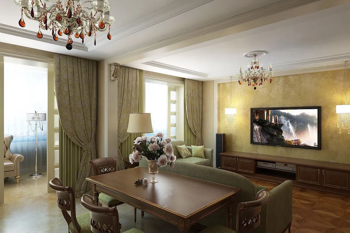 照片:古典风格客厅,厨房和餐厅,提示 – 我们网站上的照片