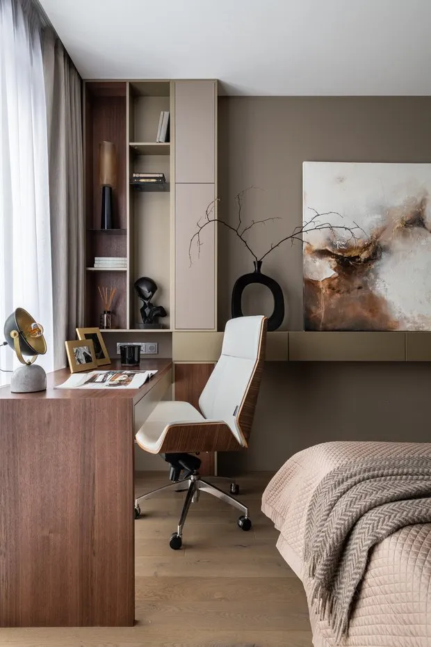 Foto: Habitación principal en estilo moderno, Apartamento, Proyecto de la Semana, Moscú, Edificio monolítico, 2 habitaciones, 60-90 metros, Irina Chufistova – foto en nuestro sitio web