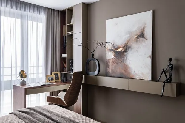 Foto: Habitación principal en estilo moderno, Apartamento, Proyecto de la Semana, Moscú, Edificio monolítico, 2 habitaciones, 60-90 metros, Irina Chufistova – foto en nuestro sitio web