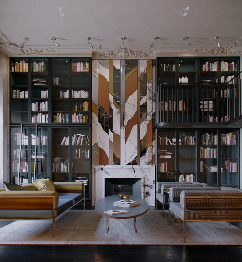 Foto: Wohnzimmer im Eclectic-Stil, Nadja Zотовa, Heimbibliothek, Führer, Natasha Janson, Ruetemple, Ideen für eine Heimbibliothek, Olesja Schliachtina, Alexandra Fedorowa, Nadja Fedorowitsch, S&T Architects, Vadim Malcew – Fotos auf unserer Website