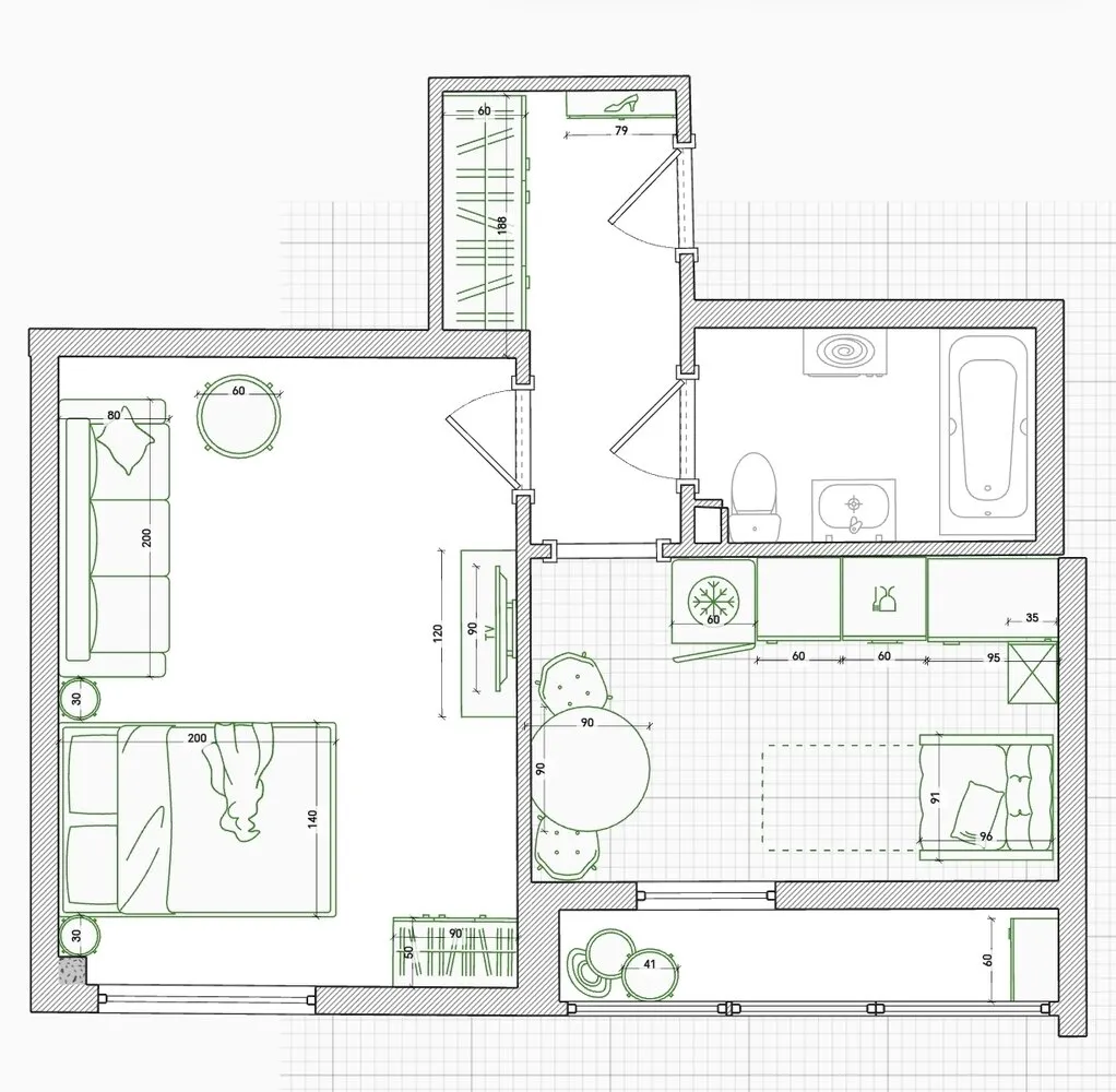 Foto: estilo moderno, apartamento pequeño, vivienda, remodelación, reforma práctica, hasta 40 metros, Gelenjik, Julia Sofronova – fotos en nuestro sitio web