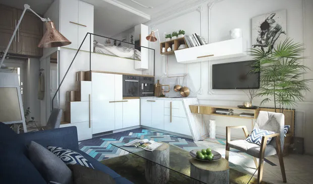 照片：北欧风格厨房和餐厅，小公寓，技巧 – 我们网站上的照片