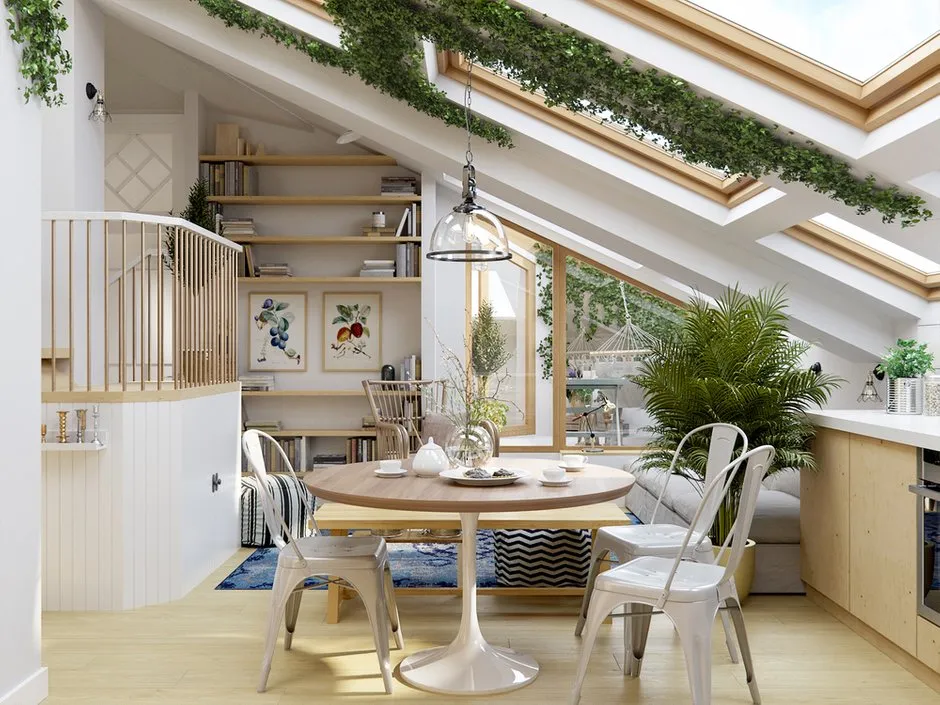 照片：生态风格厨房与餐厅，指南，阁楼公寓，Geometrium，阁楼室内设计，玛格丽塔·拉扎列娃，奥尔加·索尔尼什科娃，维多利亚·拉扎列娃，伊琳娜·雷查德 – 网站上的照片