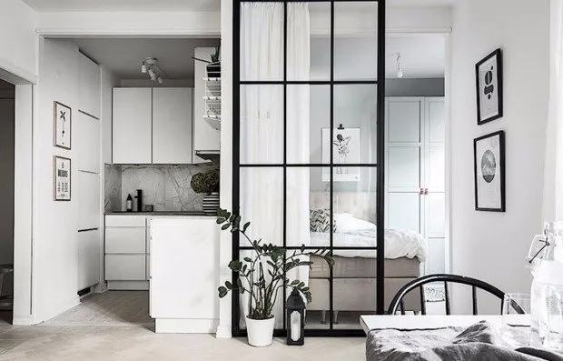 Petit appartement scandinave avec une chambre à coucher dans la cuisine