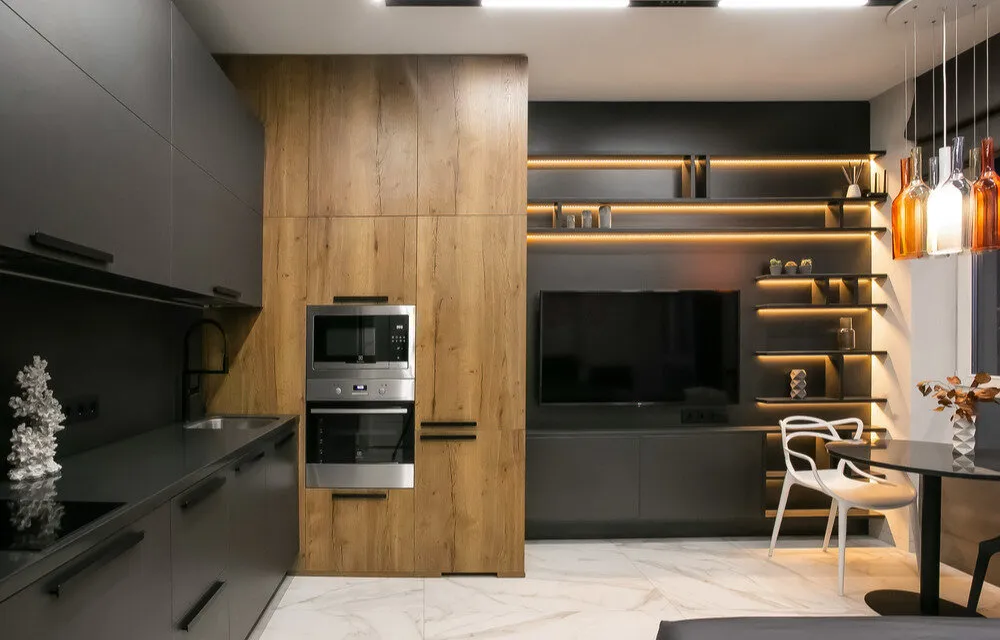 Foto: estilo, Apartamento, Estudio, Interiores de habitación, Diseño de interiores, Redecoración, cómo aumentar visualmente la altura del techo, diseño de estudio, cómo aumentar visualmente el área de un apartamento pequeño, diseño de estudio, apartamento-estudio, hasta 40 metros cuadrados, Vitaliy Myasnikov, Cómo hacer que un apartamento pequeño parezca más grande, puerta del color de la pared – fotos en nuestro sitio web