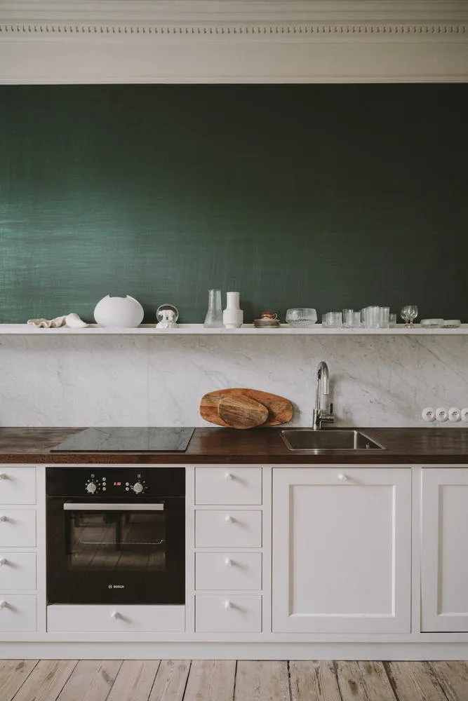 照片：厨房与餐厅在北欧、古典风格，室内装饰，公寓，白色，绿色，米色，波兰，3室 – 我们网站上的照片