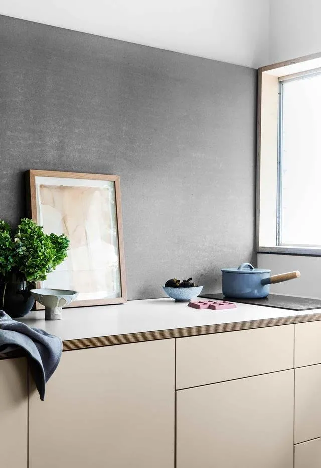 照片:极简主义风格厨房与餐厅,室内装饰,白色,灰色,面积小于40平方米 – 网站上的照片