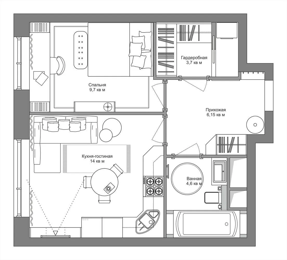 照片：風格佈局，公寓，搬遷，莫斯科，Studios 3.14，混凝土建築，1室，不超過40平方米，"The Design Point"，ЖК "Symbol" – 我們網站上的照片