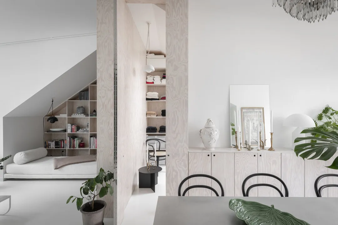 照片：北欧风格厨房和餐厅，现代，室内装饰，公寓，白色，绿色，米色，40-60平方米 – 我们网站上的照片