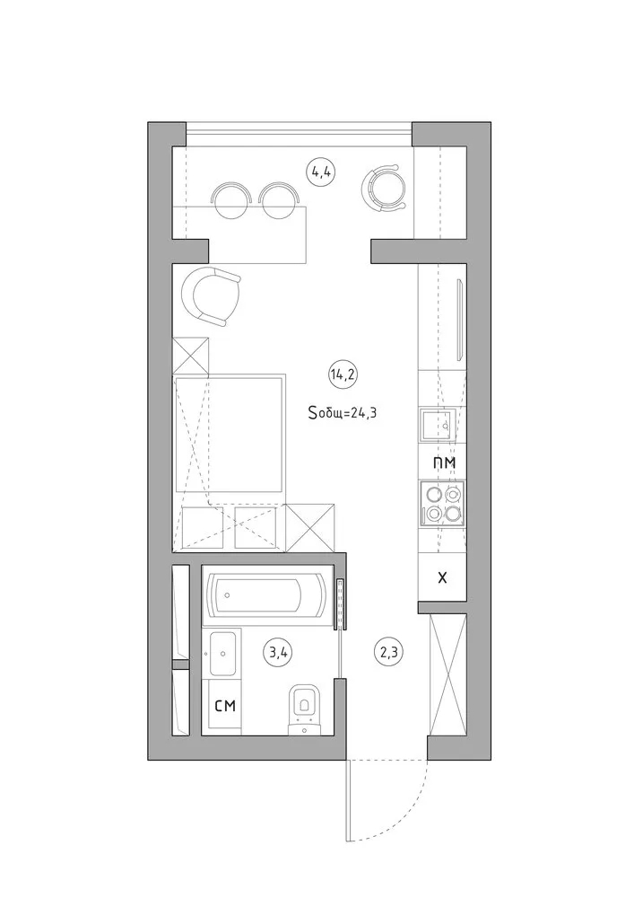 Foto: Planos estilo , Apartamento, Replanificación, remodelación de una habitación, 1 habitación, hasta 40 metros, enciclopedia_replanificación, Anastasia Sharapova – foto en nuestro sitio web