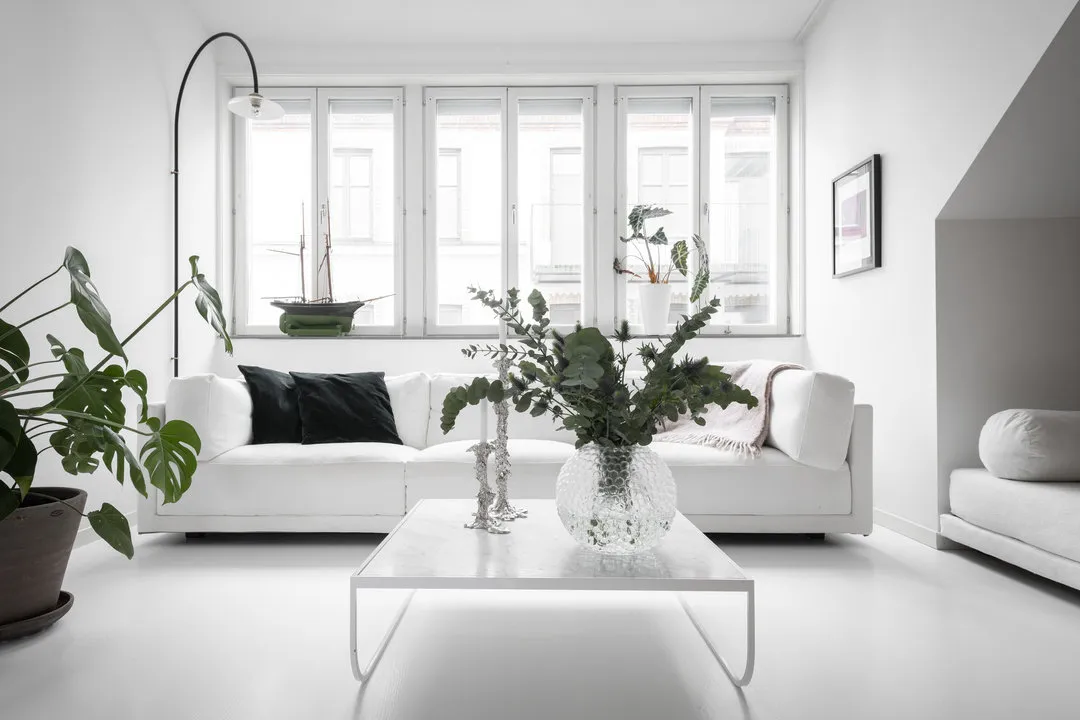 照片：极简风格客厅，北欧，现代，室内装饰，公寓，白色，绿色，米色，40-60平方米 – 我们网站上的照片