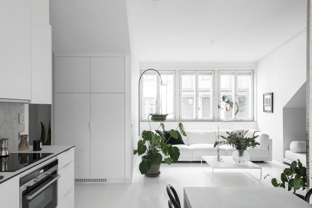 照片：北欧风格厨房和餐厅，现代，室内装饰，公寓，白色，绿色，米色，40-60平方米 – 我们网站上的照片