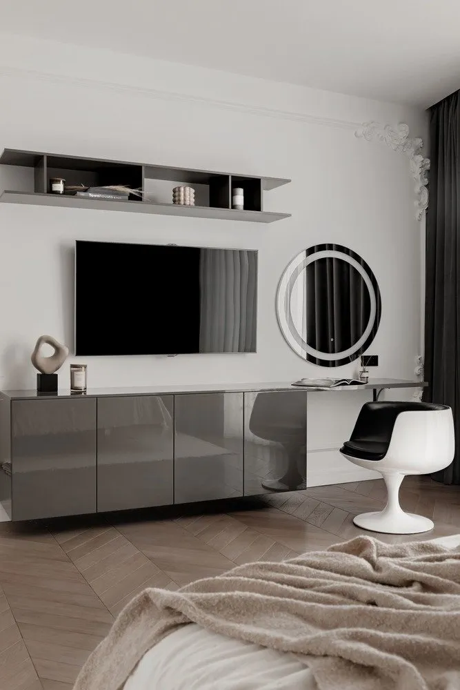 Foto: Habitación principal en estilo moderno, clásico, decoración del interior, apartamento, proyecto de la semana, San Petersburgo, 2 habitaciones, 60-90 metros, Maria Sofronova – foto en nuestro sitio web