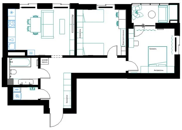 Foto: Planos en estilo Moderno, Apartamento, Proyecto de la Semana, 3 habitaciones, 60-90 metros, Ufa, Ksenia Lanina – foto en nuestro sitio web