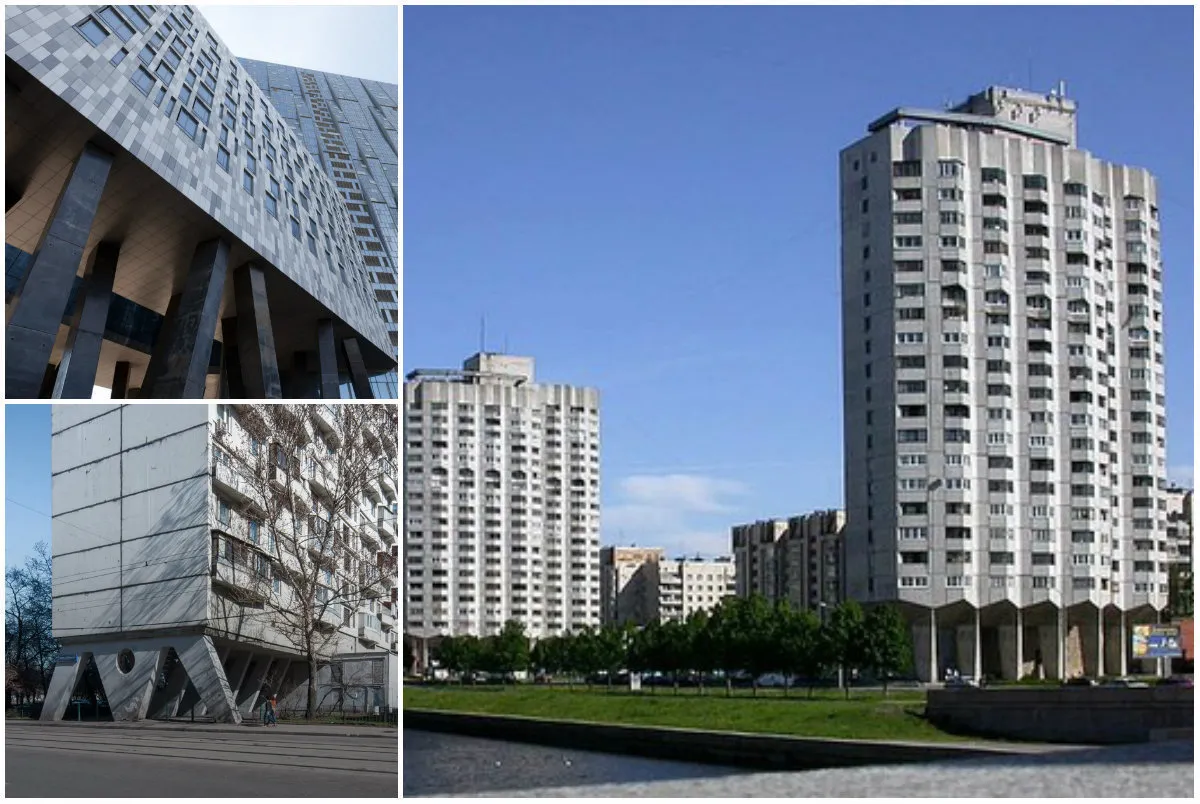 从左至右：莫斯科电影制片厂街上的房屋、圣彼得堡新索洛梅恩斯卡亚河岸上的‘卷曲腿屋’、VDNKH的‘高脚屋’