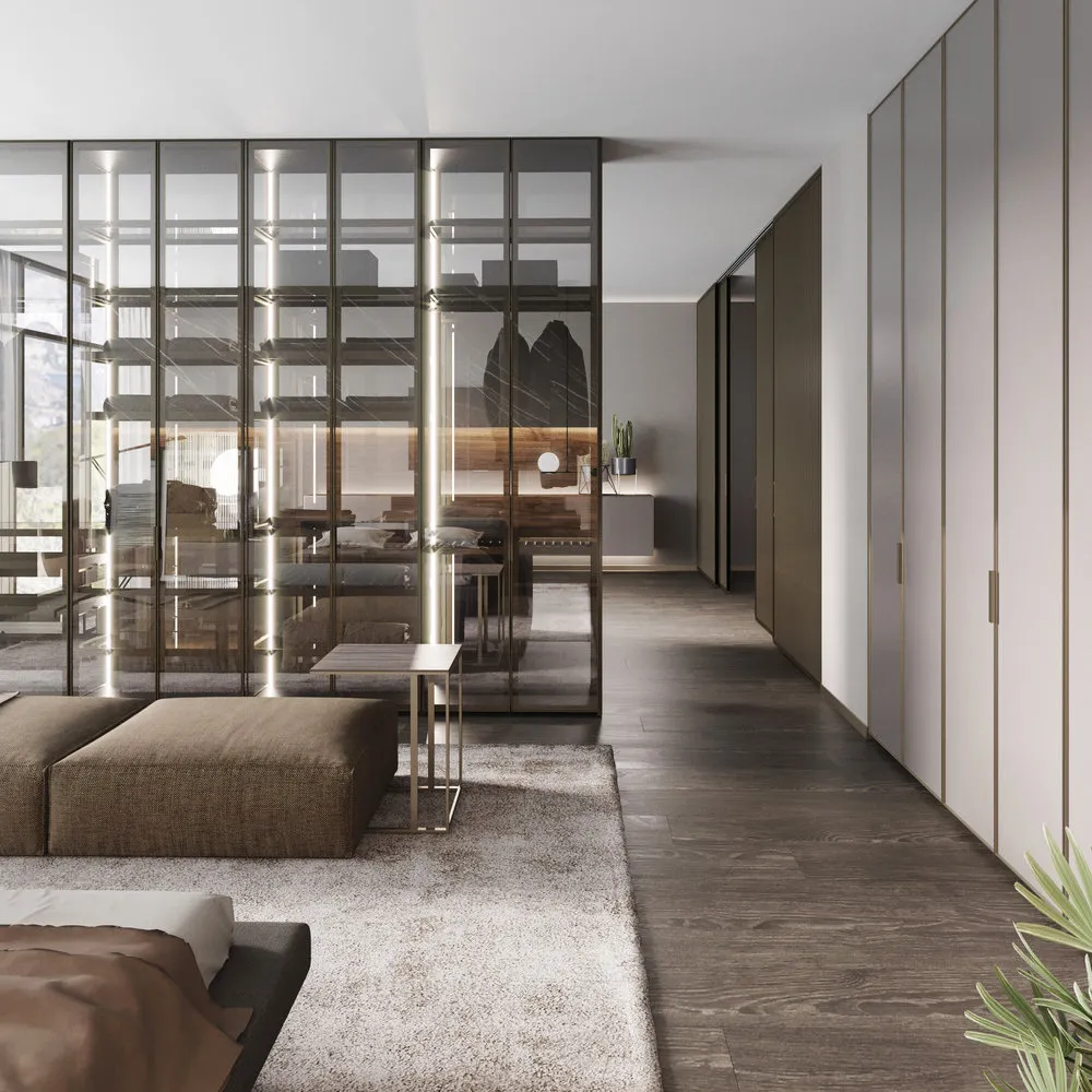 照片:极简卧室,Gid,彩色门,室内门,UNION,统一风格的门和家具,玻璃衣柜,隐形框架,隐藏门 – 我们网站上的照片