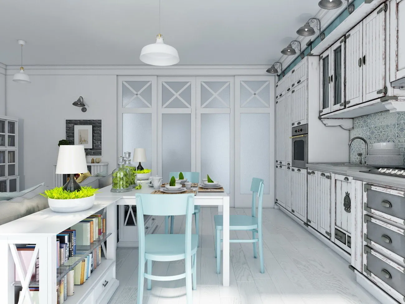 照片：斯堪的纳维亚风格厨房和餐厅，客厅，技巧 - 我们网站上的照片