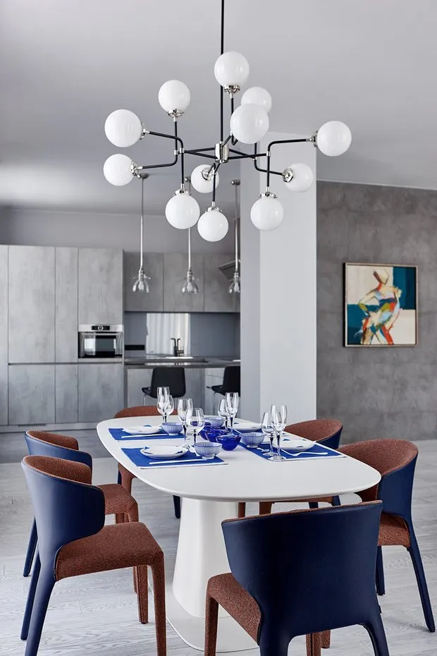 照片：高科技风格厨房和餐厅，现代，公寓，白色，每周项目，莫斯科，蓝色、灰色、浅蓝色，单体房屋，2个房间，超过90平方米，AAarchitect - 我们网站上的照片