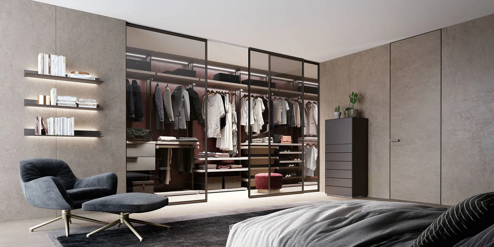 照片:现代卧室,Gid,彩色门,室内门,UNION,统一风格的门和家具,玻璃衣柜,隐形框架,隐藏门 – 我们网站上的照片