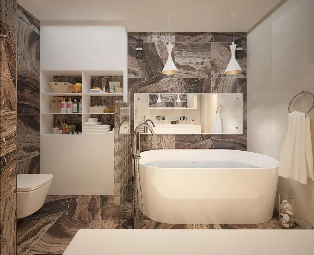 照片：时尚风格，浴室，现代，俄罗斯，白色，极简主义，每周项目，米色，棕色，Cosmorelax，苏尔古特，Rex Imarmi，Kolpasan，Grohe，Ekaterina Butenko，如何装饰浴室，浴室内饰，淋浴间，极简主义浴室 – 网站上的照片