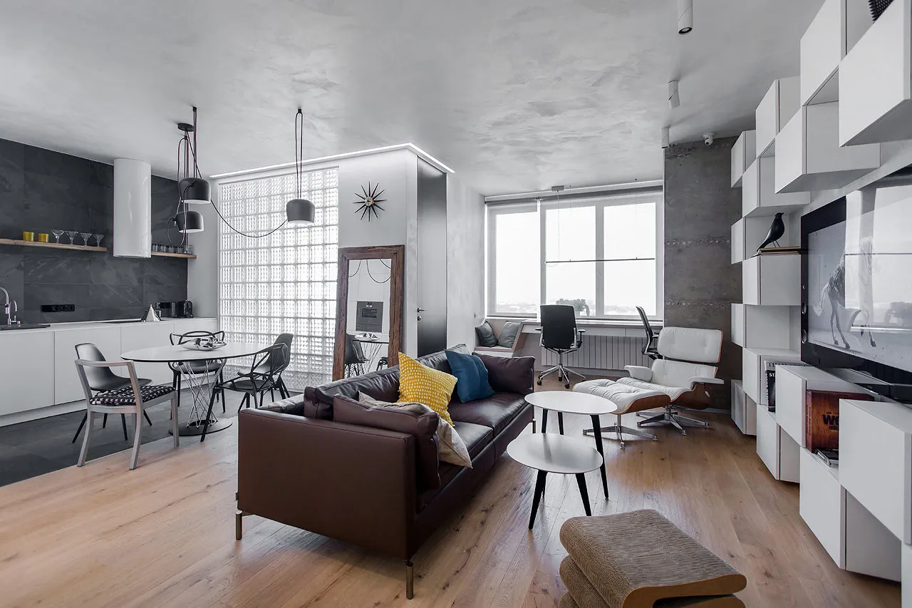 照片：斯堪的纳维亚风格客厅，现代、公寓，每周项目，莫斯科、新楼、整体结构房屋、Megabudka、2室、60-90平方米 – 我们网站上的照片