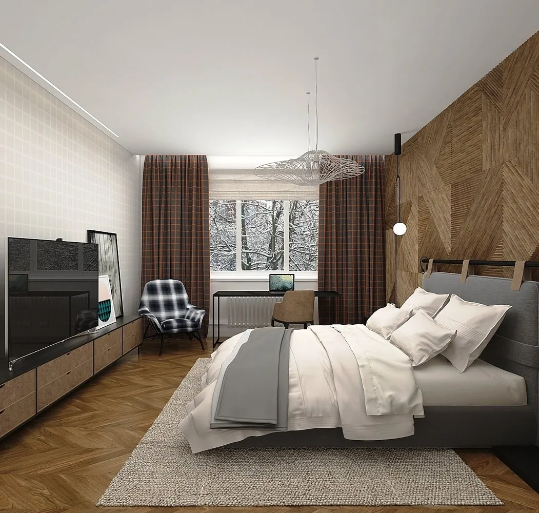 照片：现代风格卧室，公寓，每周项目、莫斯科、维多利亚·佐林娜、2室、60-90平方米、整体结构砖房 – 我们网站上的照片