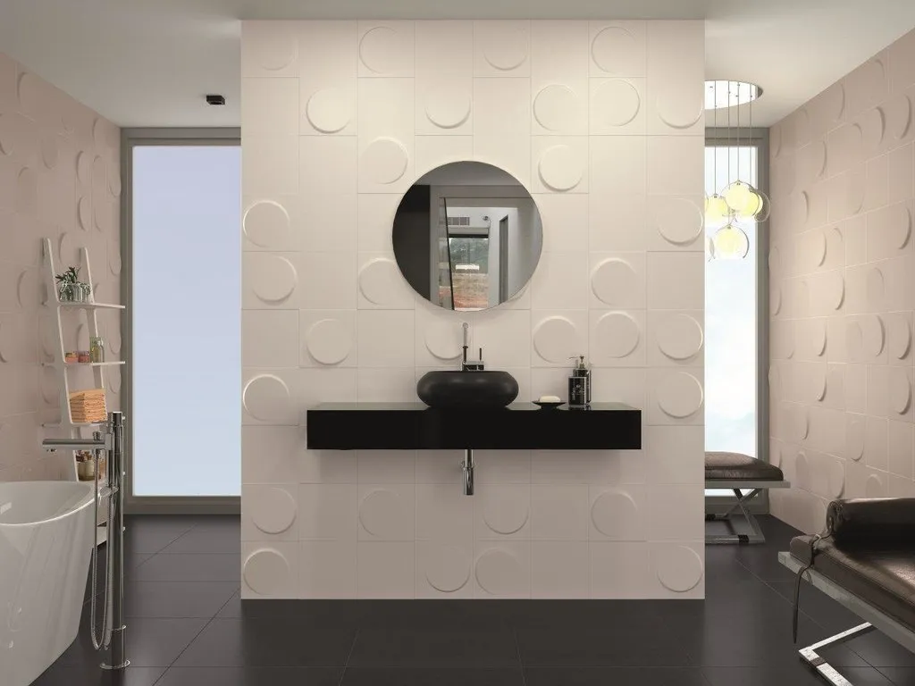 照片：现代浴室，瓷砖，装修实践，墙面装饰，装饰百科全书，阿莲娜·戈尔斯基娅，浮雕瓷砖 – 我们网站上的照片