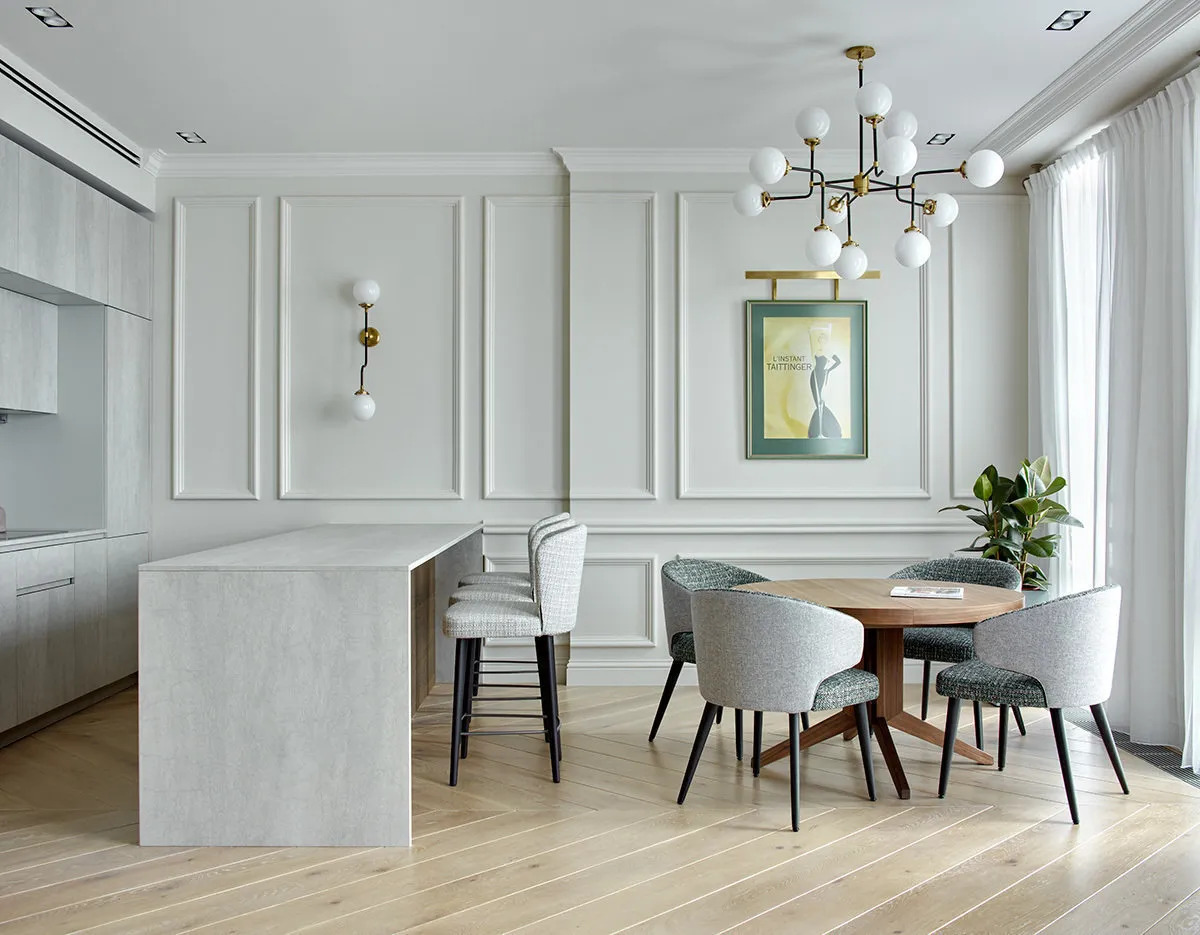 Photo: Kitchen and Dining Room in Modern Style, Tiles, Floor, Hydronic, Parquet, Laminate, Engineered Board, OBI, OBI, PVC Tiles, Ceramic Stone, Australian Board, Travertine, Beautiful Floor – Photo on Our Website