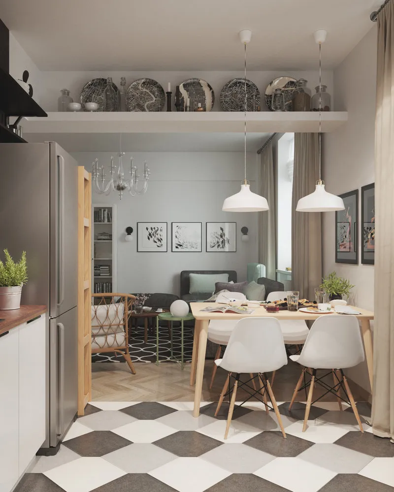 照片：斯堪的纳维亚风格厨房与餐厅，现代，公寓，每周项目，莫斯科，Julia Chernova，斯大林式建筑，3室，60-90平方米，Alina Anufrieva – 网站上的照片