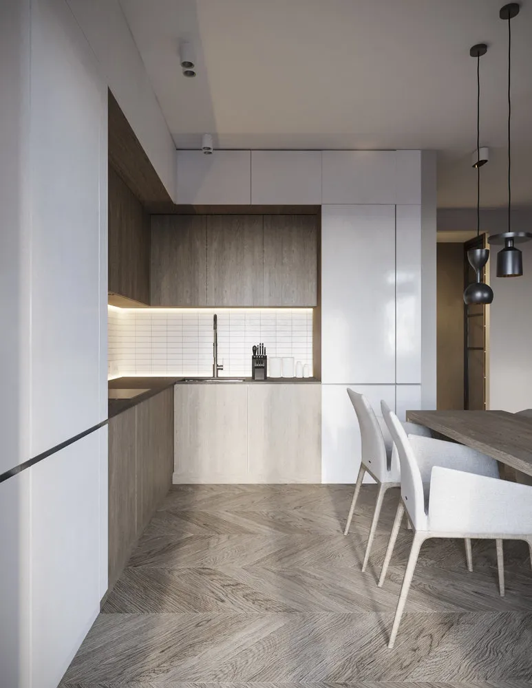 照片：现代风格厨房与餐厅，公寓，每周项目，莫斯科地区，2室，60-90平方米，单体砖，Evgenia Shilova，Design Rocks，ЖК «Pavlovsky Quarter» – 网站上的照片