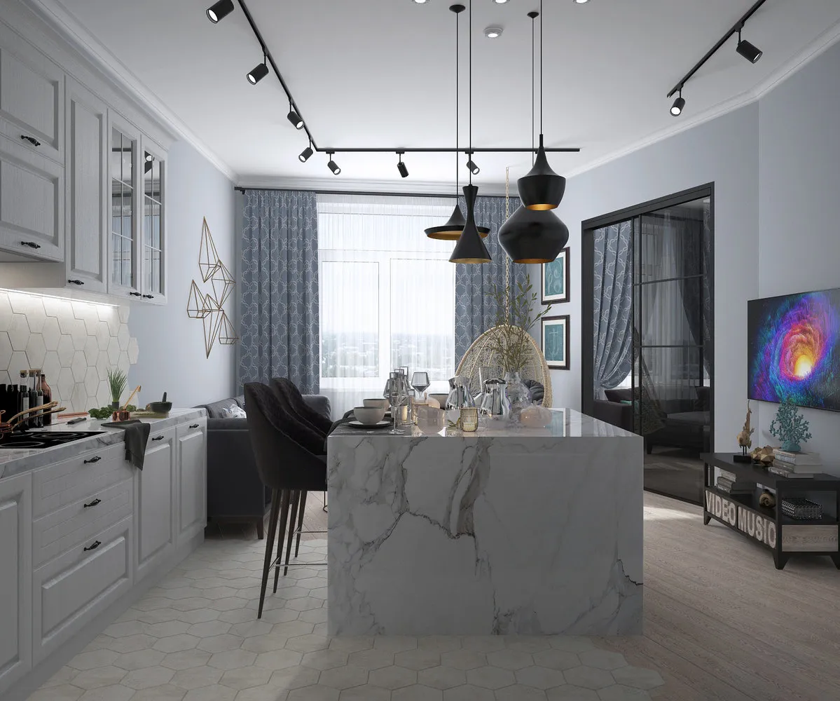 照片：现代风格厨房与餐厅，洛可可风格，公寓，每周项目，莫斯科，单体房，3室，60-90平方米，ЖК «Nevsky»，Inna Azorskaya – 网站上的照片