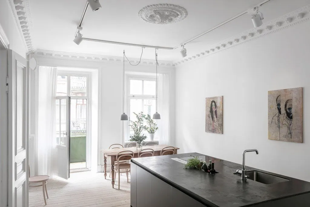 照片：斯堪的纳维亚风格厨房和餐厅，极简主义，技巧——我们网站的照片