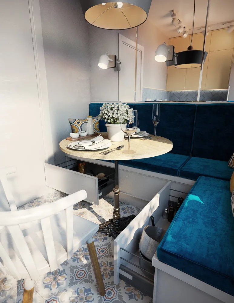 照片：现代风格厨房与餐厅，搬迁，板楼，1室，面积小于40平方米，Maria Lazzich，Flatforfox，设计对决，P-44T，Maryart – 我们网站上的照片