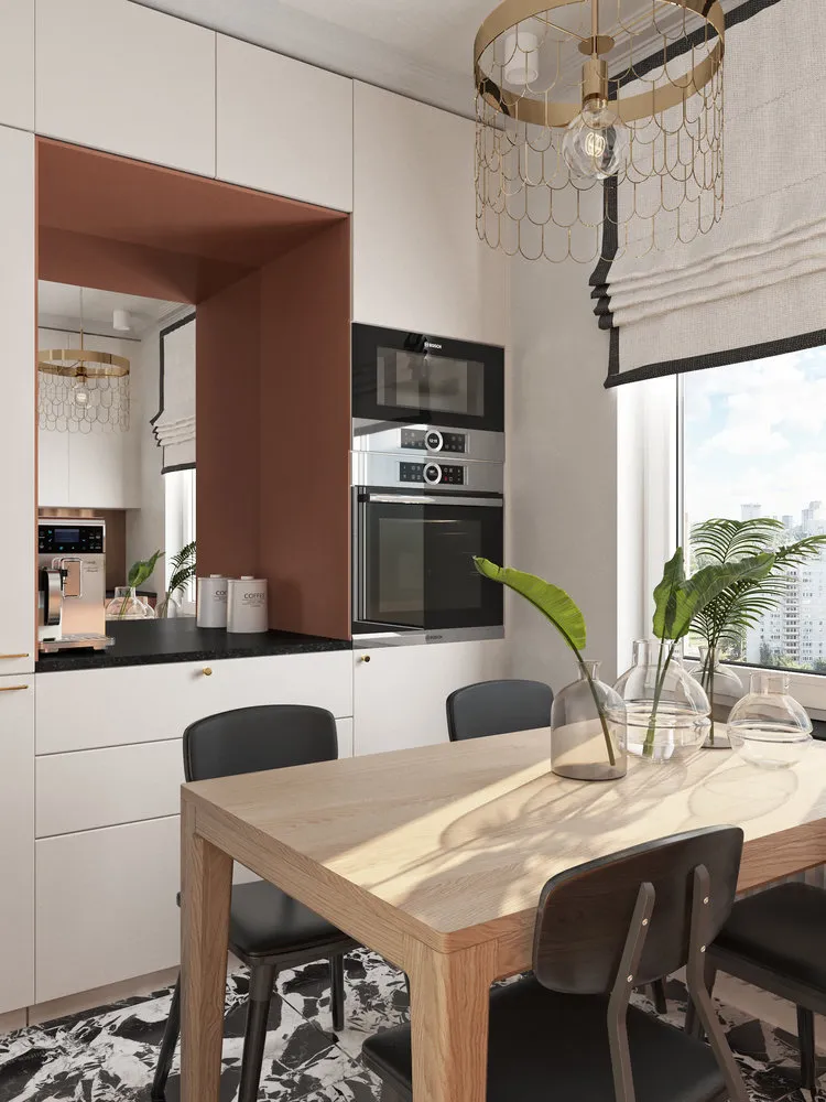 照片：现代风格厨房与餐厅，搬迁，板楼，1室，面积小于40平方米，Maria Lazzich，Flatforfox，设计对决，P-44T，Maryart – 我们网站上的照片