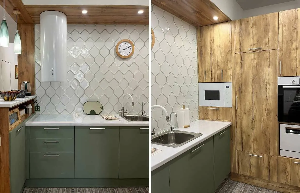 Foto: estilo moderno, cocina y comedor, diseño de habitación, diseño de interiores, consejos, cocina pequeña, cocina blanca, cocina de bajo espacio, ideas para una cocina estrecha, diseño de cocina-estancia, cómo decorar el interior de la cocina, interiores de cocina, diseño de cocina, cocina angular, cocina sin armarios, iluminación en la cocina, cocina funcional, cocina 2025, cocina blanca, cocina con puertas brillantes – fotos en nuestro sitio web