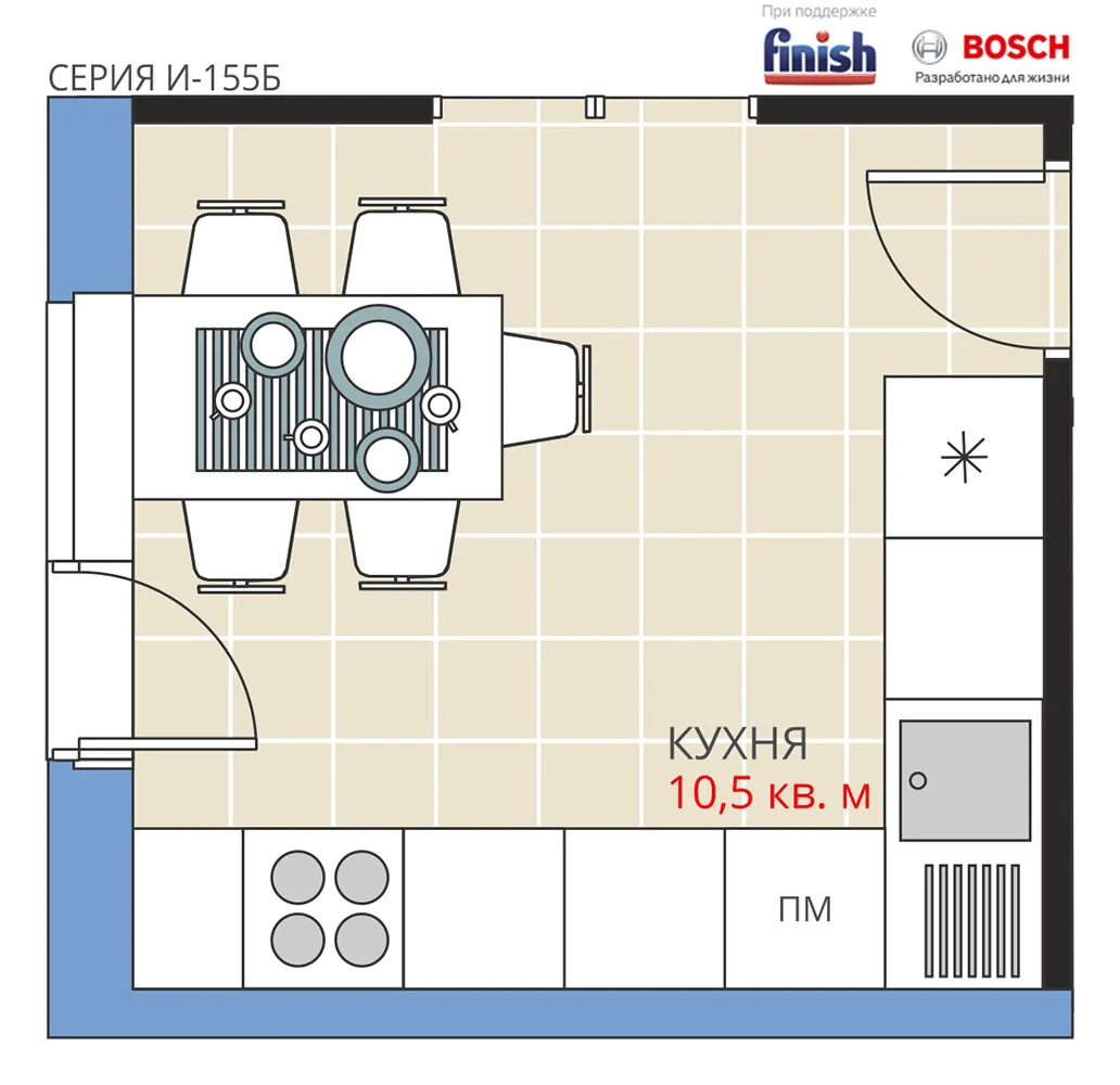 照片：风格布局，厨房和餐厅，装修，安娜·基谢列娃，马克西姆·朱拉耶夫，I-155B，板式住宅，完成效果——网站上的照片