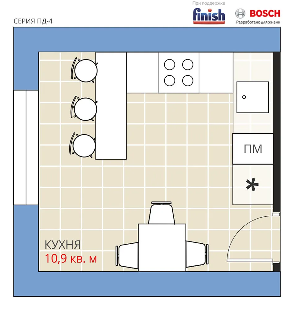 照片：极简主义风格厨房和餐厅装修，阿纳斯塔西娅·基谢列娃、马克西姆·朱拉耶夫、PD-4、板楼、完工照片见我们网站