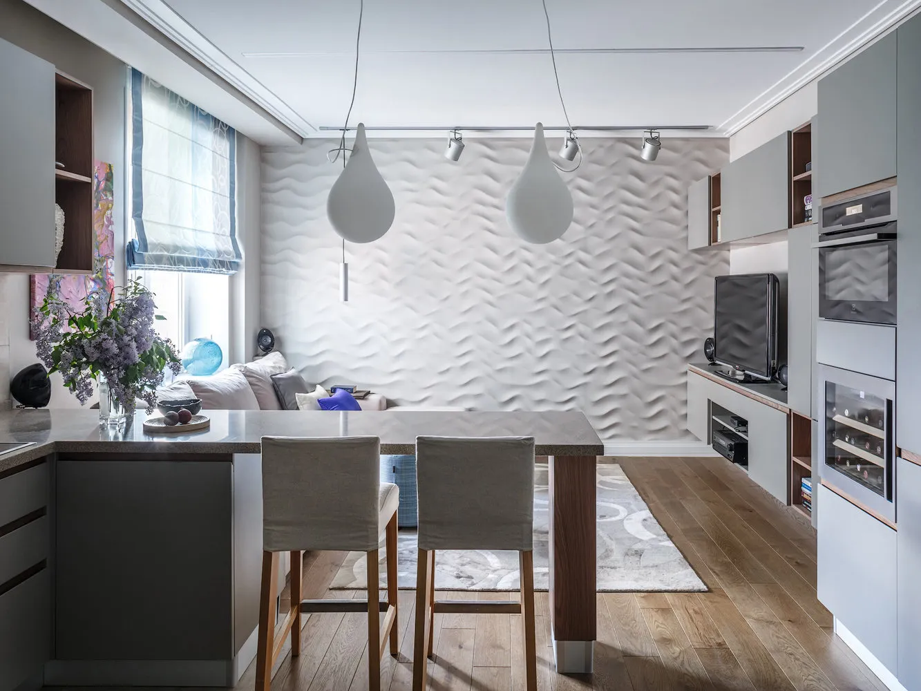 照片:现代风格客厅,公寓,周刊项目,莫斯科,伊琳娜·克拉申尼科娃,板楼,3室,60-90平方米,系列GMS-2001 – 网站上的照片