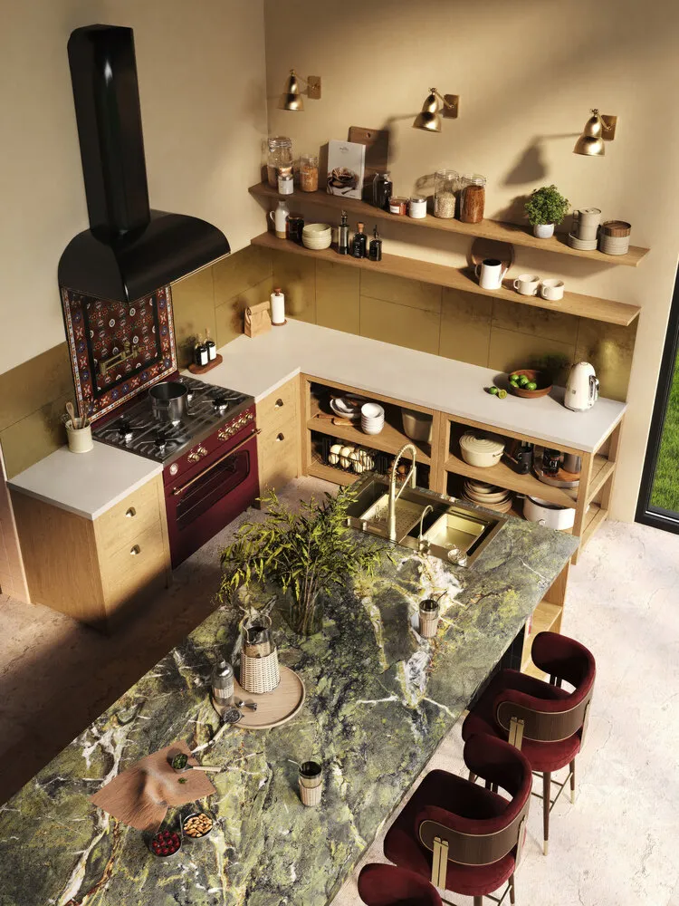 In this kitchen, a large countertop area was planned: various professional appliances needed by the client for cooking dishes will stand on it.