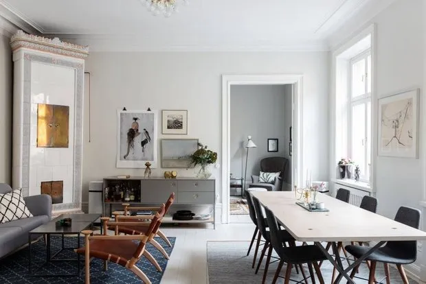 图片:现代、北欧、装饰艺术风格客厅,室内装饰,公寓,瑞典,米色,斯德哥尔摩,带吧台的厨房客厅,如何以现代风格装饰厨房,4间或更多,面积超过90平方米 – 网站上的照片