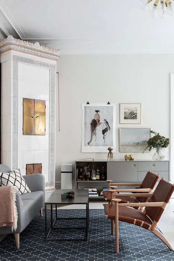 图片:现代、北欧、装饰艺术风格客厅,室内装饰,公寓,瑞典,米色,斯德哥尔摩,带吧台的厨房客厅,如何以现代风格装饰厨房,4间或更多,面积超过90平方米 – 网站上的照片