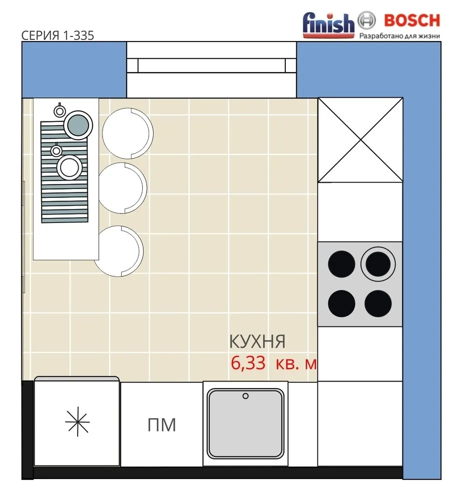 照片:时尚厨房和餐厅、公寓、平面图、博世、装修、阿纳斯塔西娅·基谢列娃、马克西姆·朱拉耶夫、板楼、克里什乔夫卡、装修、1室、不超过40平方米、I-335 – 我们网站上的照片