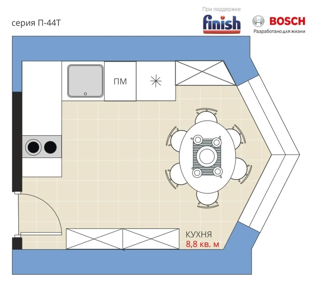 Фотография: Планировки в стиле , Кухня и столовая, Перепланировка, Анастасия Киселева, Finish, Максим Джуреав, П44т – фото на нашем сайте