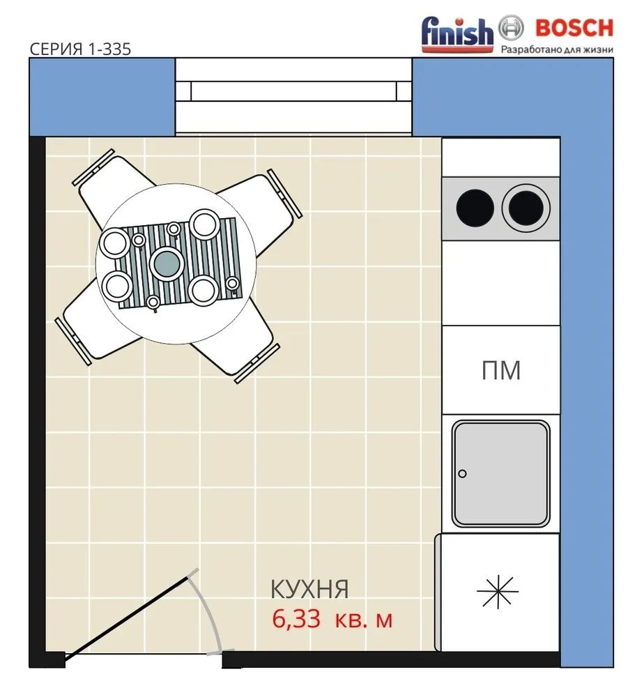 照片：时尚厨房和餐厅、公寓、平面图、博世、装修、阿纳斯塔西娅·基谢列娃、马克西姆·朱拉耶夫、板楼、克里什乔夫卡、装修、1室、不超过40平方米、I-335 – 我们网站上的照片